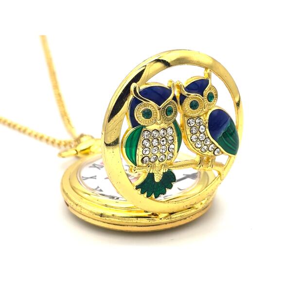 Twin Owls Pocket Watch - Gift for Bird Lovers Gold Owl Pendant Costume Jewelry - Picture 2 of 10